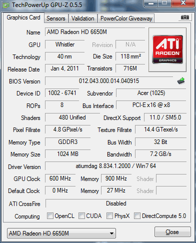 Acer Aspire 7560G AMD Radeon 6650M CPU-Z