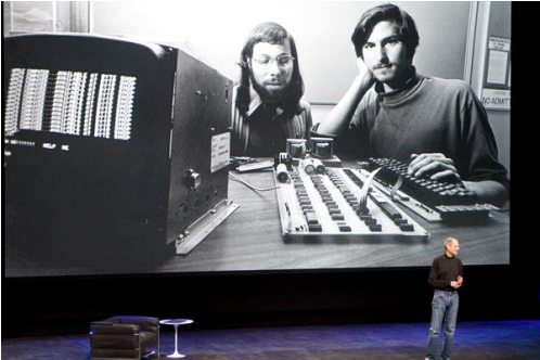 Нынешний Стив Джобс позирует на фоне своей фотографии в молодости