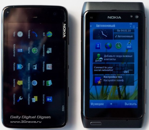 Размеры и изображение экрана Nokia N8 по сравнению с iPhone 3GS, Acer Liquid E и Nokia n900 (сверху вниз)
