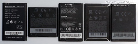 Аккумулятор HTC Sensation (второй слева) не выделяется на фоне собратьев ни габаритами, ни емкостью. Например, в Lenovo LePhone (первый слева) 1500 мА*ч стояли уже год назад. Но для HTC такая емкость чуть ли не рекордная — даже в Incredible S батарея лишь на 1450 мА*ч