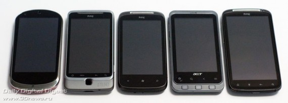 Несмотря на мощный процессор и действительно большой экран, Sensation не выглядит заметно крупнее других смартфонов. Слева направо Lenovo LePhone, HTC Desire Z, HTC Mozart, Acer Stream, HTC Sensation
