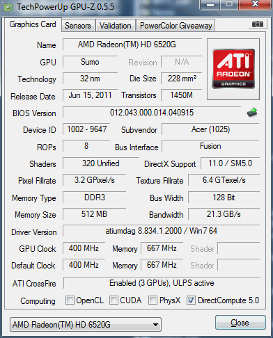 Acer Aspire 7560G AMD Radeon 6520G CPU-Z