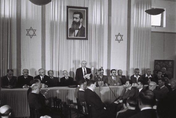 Israel's First Prime Minister Ben-Gurion reads Israel's declaration of Inderpendence in Tel Aviv